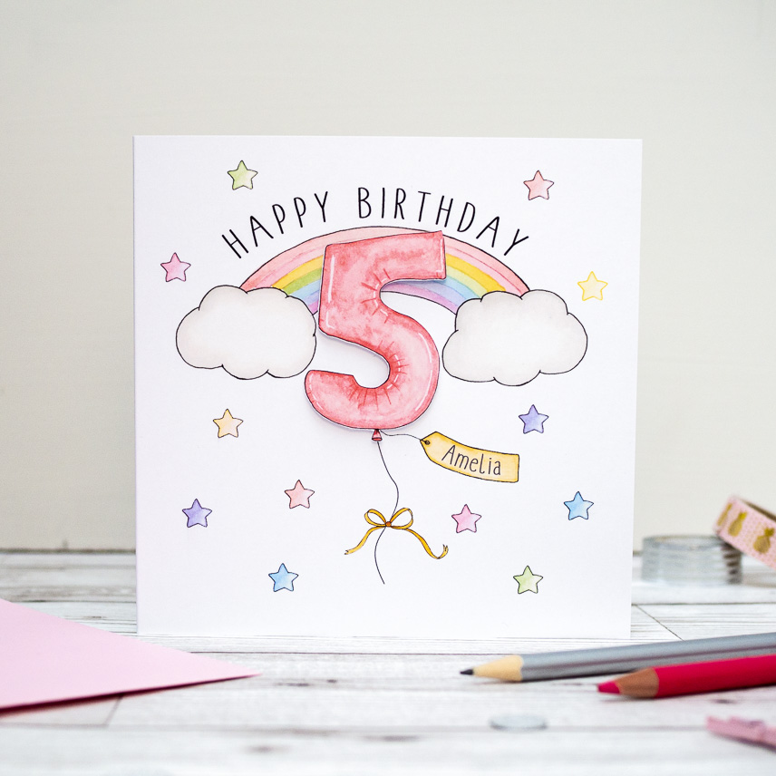 Personalised Girls Rainbow Birthday Card - 1st, 2nd, 3rd, 4th, 5th, 6th, 7th, 8th, 9th